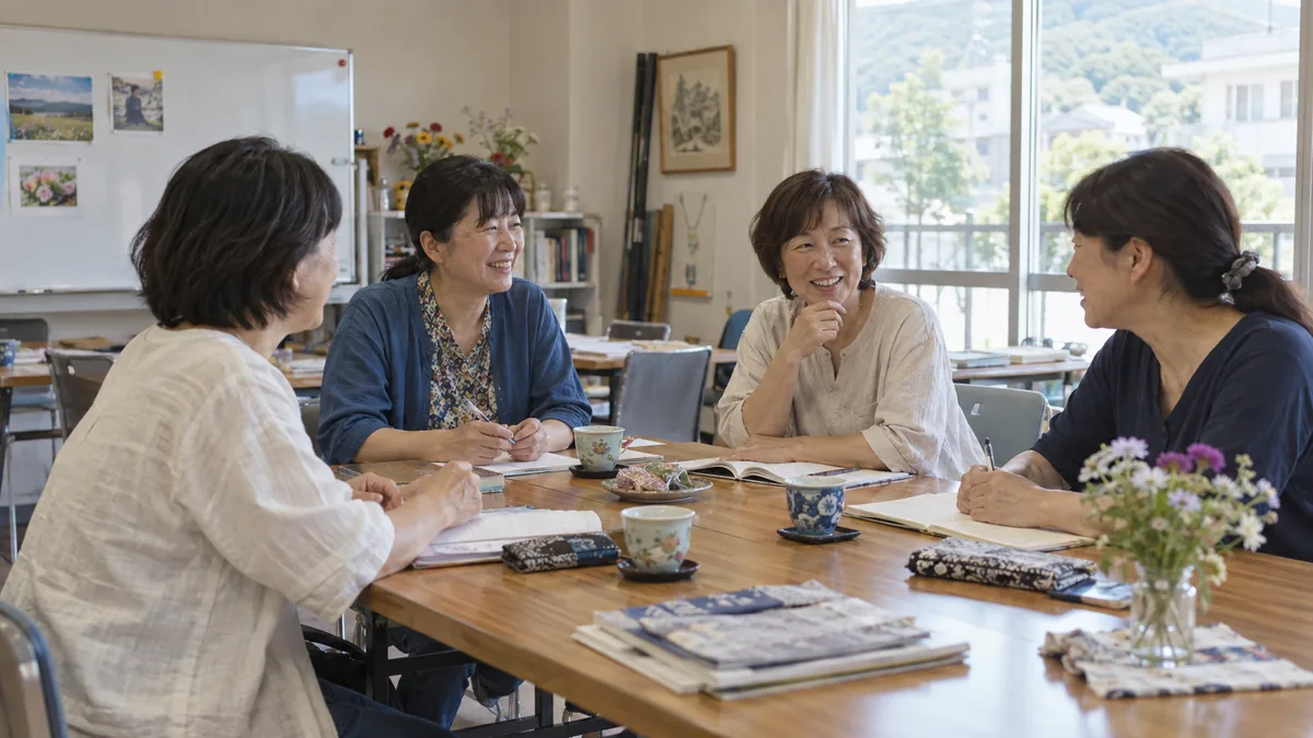 地域の講座で、同世代の女性たちがテーブルを囲んで和やかに話している様子