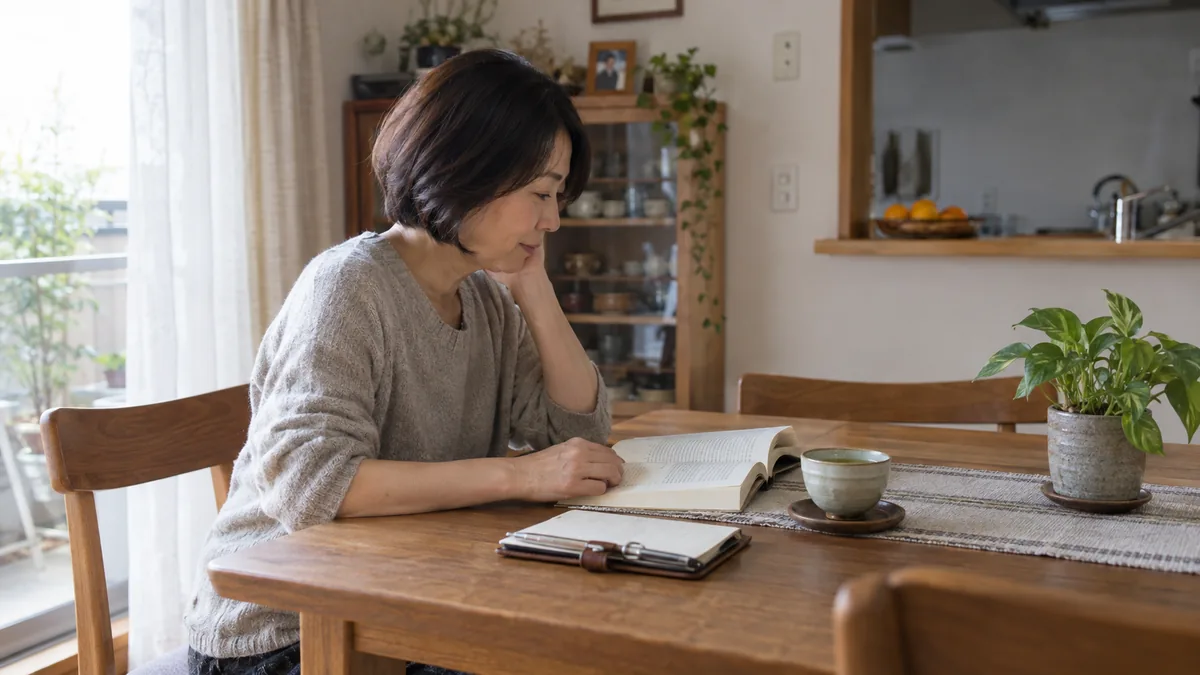 自宅のダイニングテーブルで、本と手帳を広げてお茶を飲みながら自分の時間を過ごす50代の女性