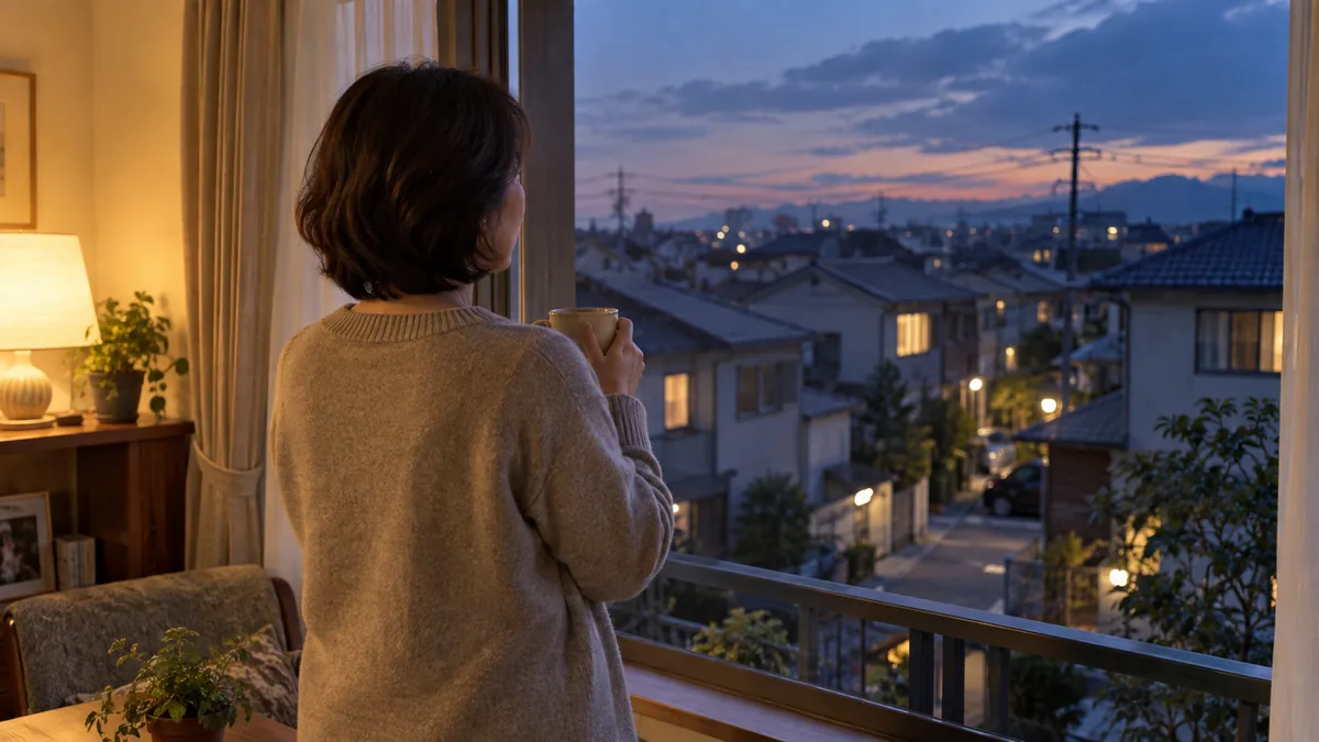 夕方の部屋で温かい飲み物を手に、窓の外を眺めて考えごとをする女性の後ろ姿