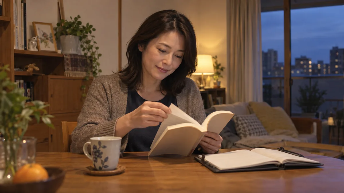 夕方の部屋で、テーブルに手帳を置き、好きな本を読みながら自分のペースで過ごす女性