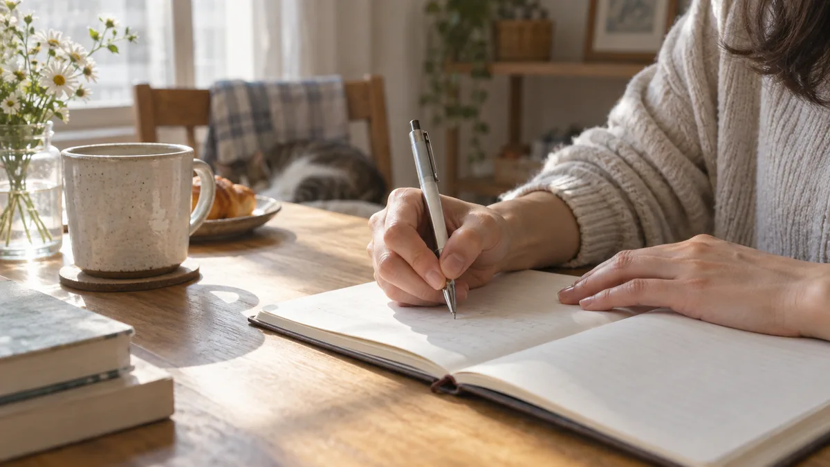 朝の光が入るテーブルで、ノートに自分の考えを書き出している女性の手元