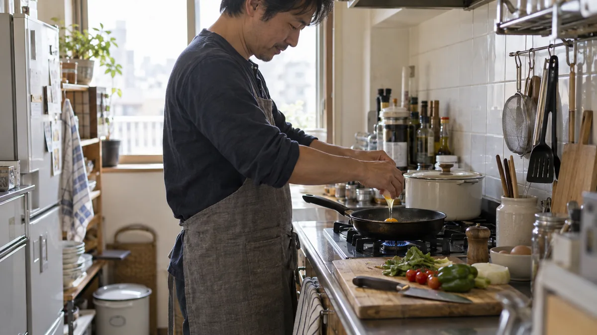 休日の朝、自宅のキッチンで目玉焼きを作る40代の男性