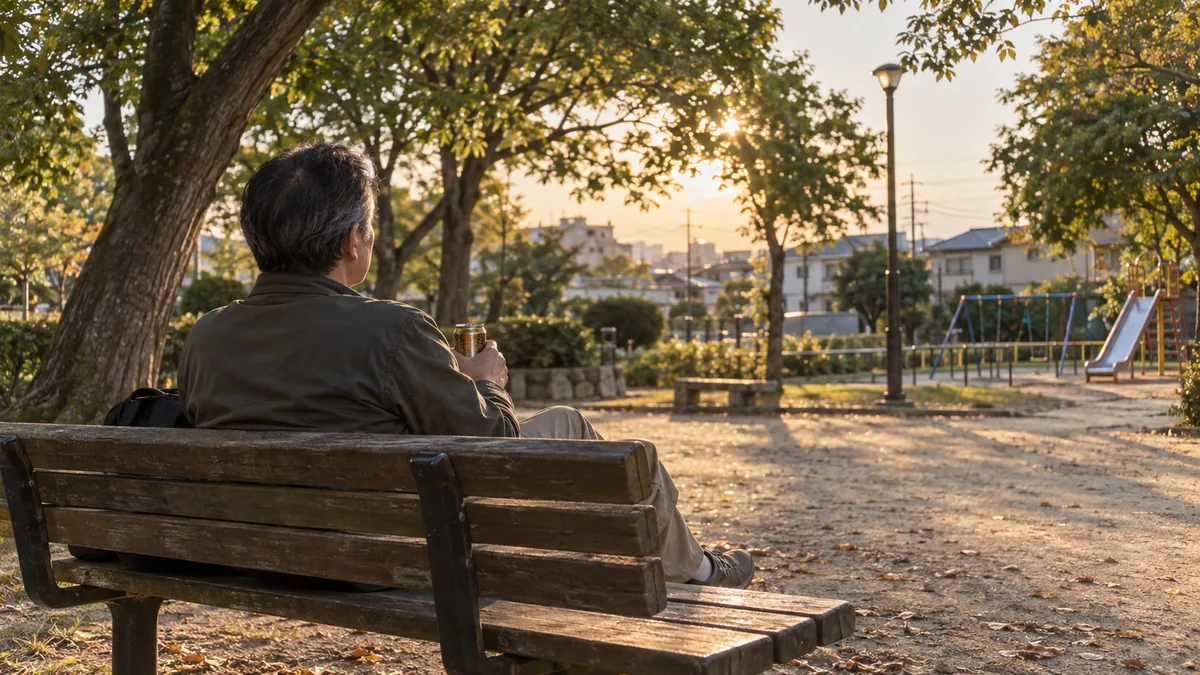 夕方の公園のベンチで缶の飲み物を手に、遠くを眺める男性の後ろ姿