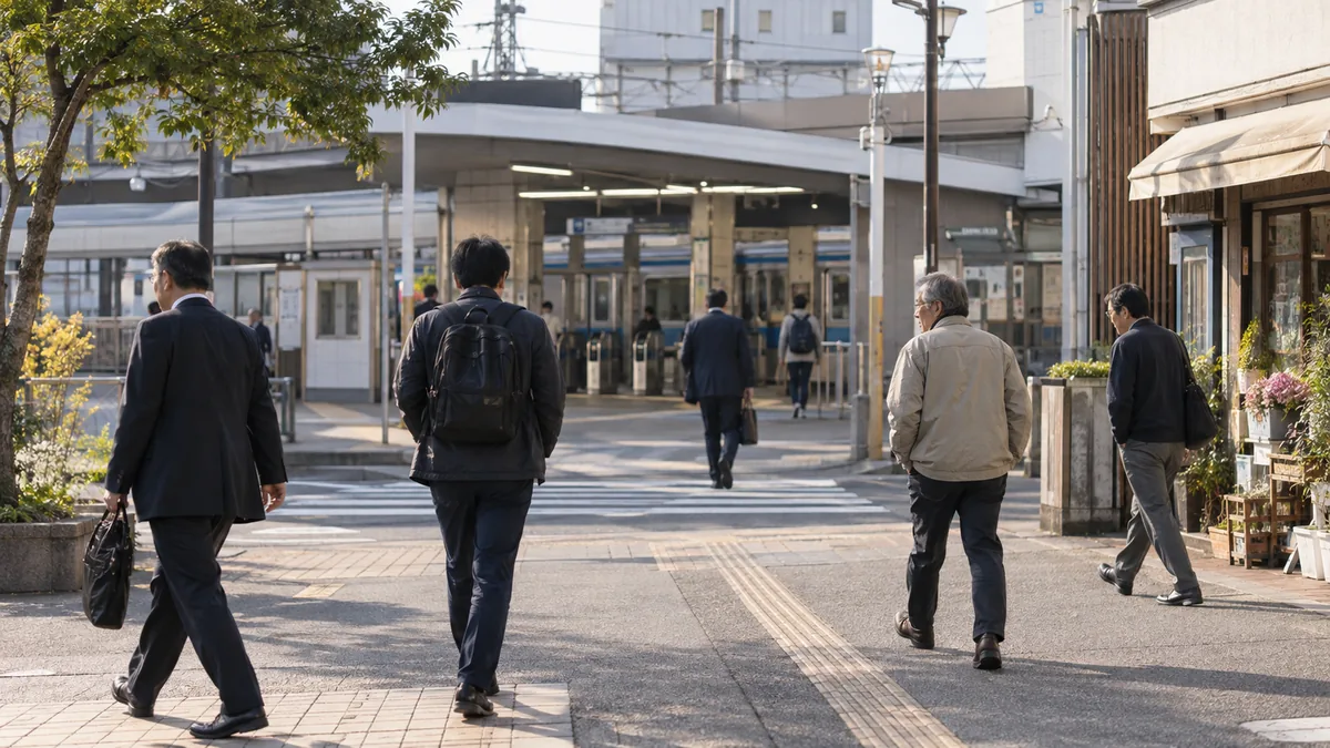 駅前の通りを、それぞれのペースで歩く年代の異なる男性たち