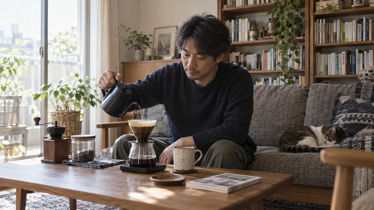 休日の午後、コーヒー器具や本棚のある自宅のリビングで、自分のペースで過ごす40代の男性