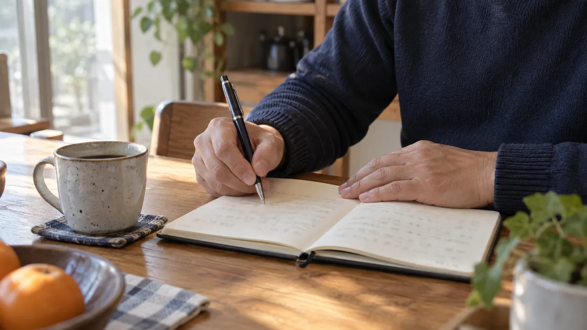 朝の光が入るテーブルで、ノートに自分の考えを書き出している男性の手元