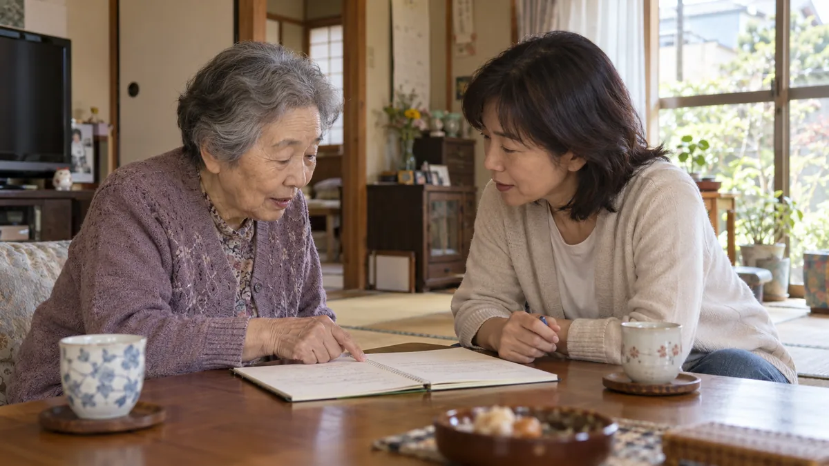 実家の居間で、70代の母親と50代の娘がノートを見ながら話をしている様子
