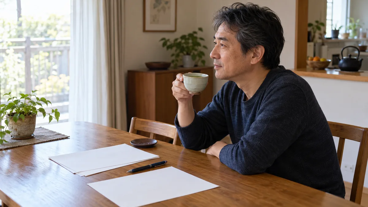 自宅のダイニングテーブルで、介護の書類を前に温かいお茶を飲んでひと息つく50代の男性