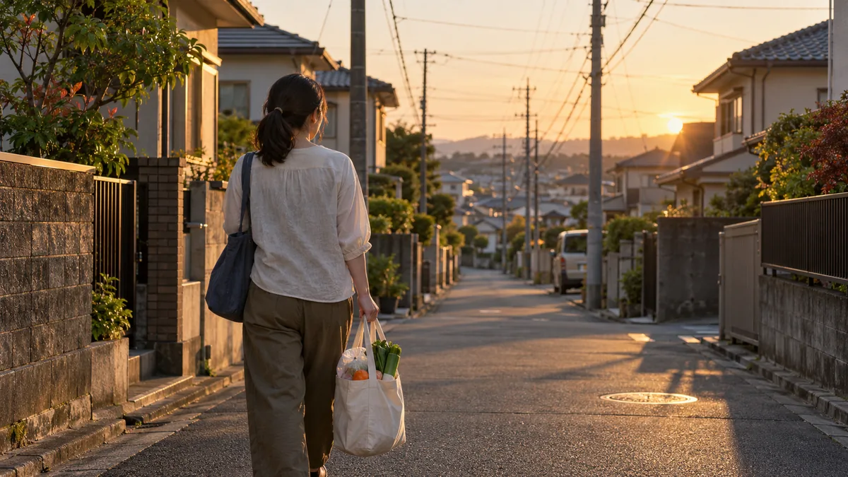 夕方の住宅街で、買い物袋を提げて実家へ向かう40代の女性の後ろ姿