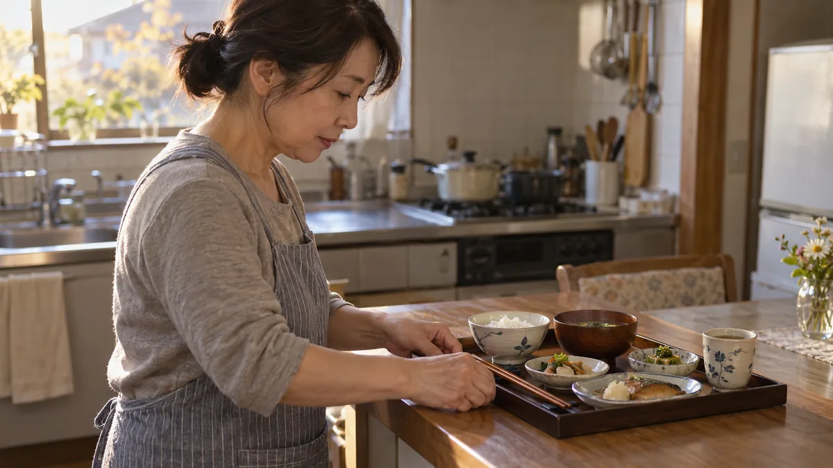 夕方の台所で、高齢の母親のための食事をお盆に用意する50代の女性の手元と横顔