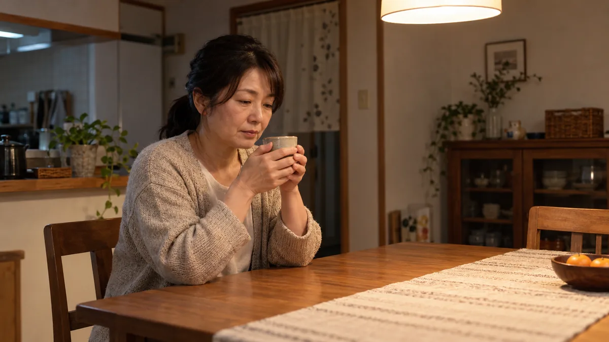 夜のダイニングで、ランプの灯りの下、湯のみを両手で包んで少しうつむく50代の女性