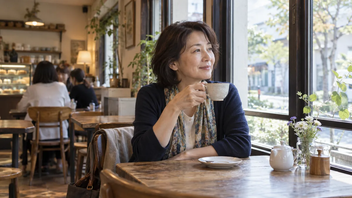 窓辺のカフェで、ひとりでお茶を飲んでくつろぐ50代の女性