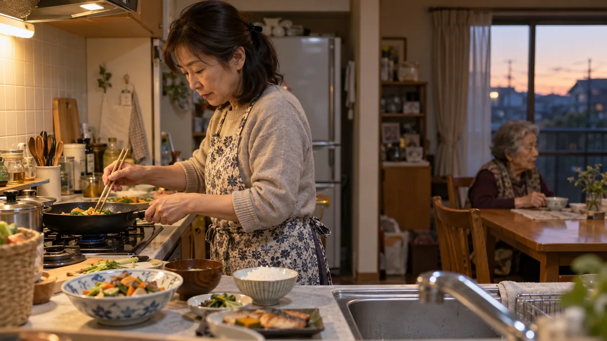 夕方のキッチンで、高齢の親のための食事を用意する50代の女性