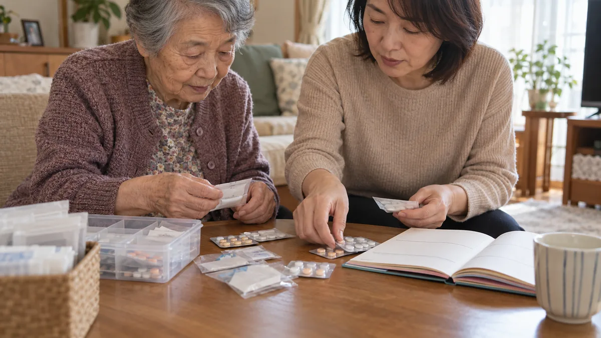 実家のリビングで、高齢の母親の隣に座り、薬の袋とお薬手帳を整理する50代の女性の手元
