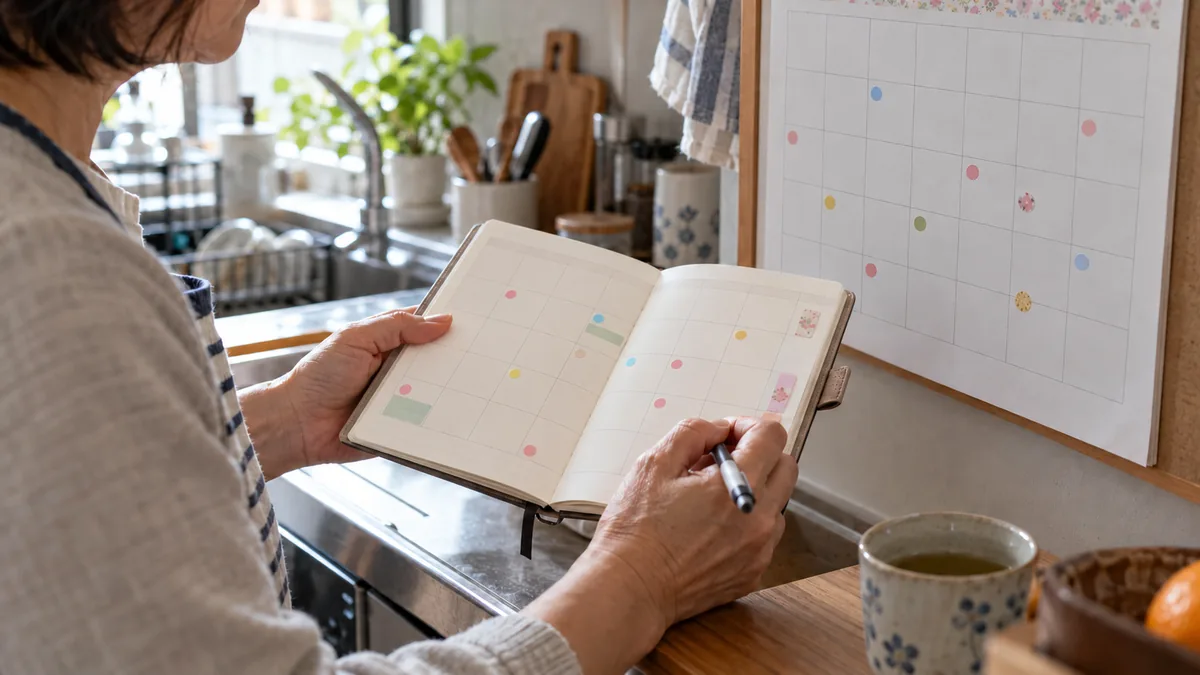 壁掛けカレンダーに書き込んだ通院やデイサービスの予定を、手帳と照らし合わせる50代の女性の手元