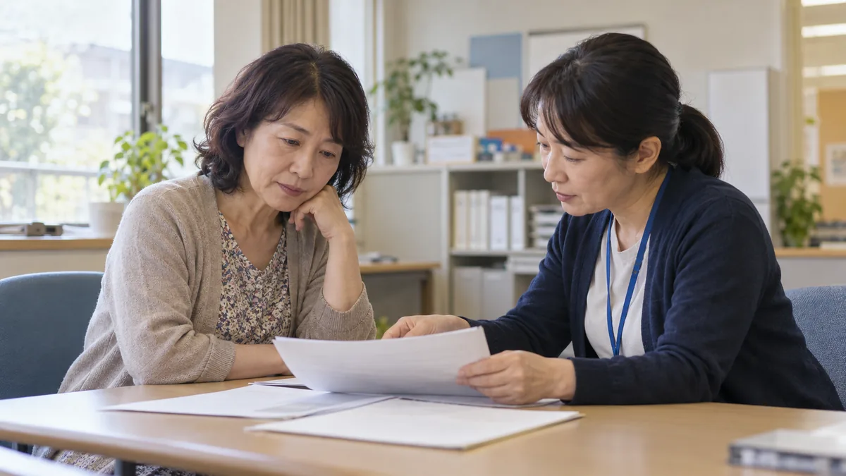 地域の相談窓口で、相談員と書類を見ながら話す50代の女性