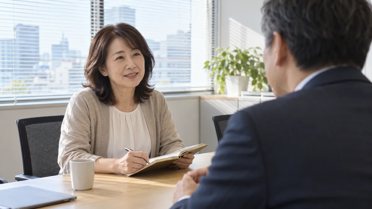 職場の会議室で、上司に落ち着いて相談する50代の女性