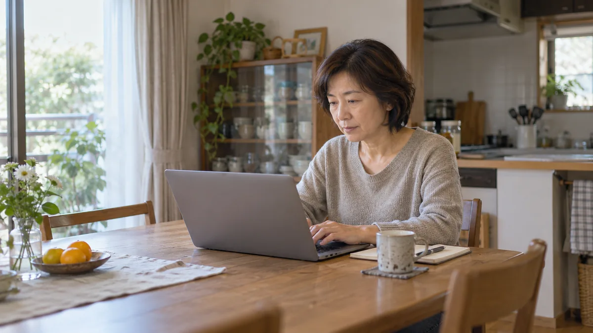 自宅のダイニングテーブルで、ノートパソコンを使って在宅の仕事をする50代の女性
