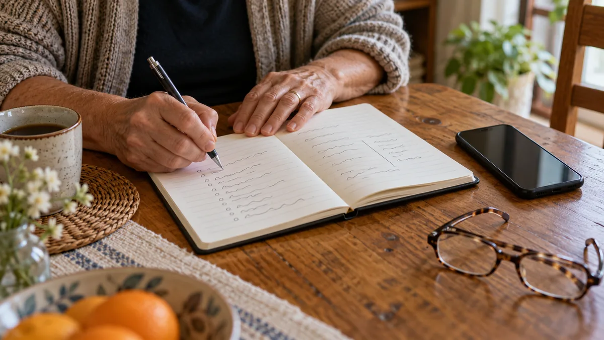 食卓に置かれたノートに、連絡先や曜日を書き込む手元。スマホと老眼鏡が添えてある