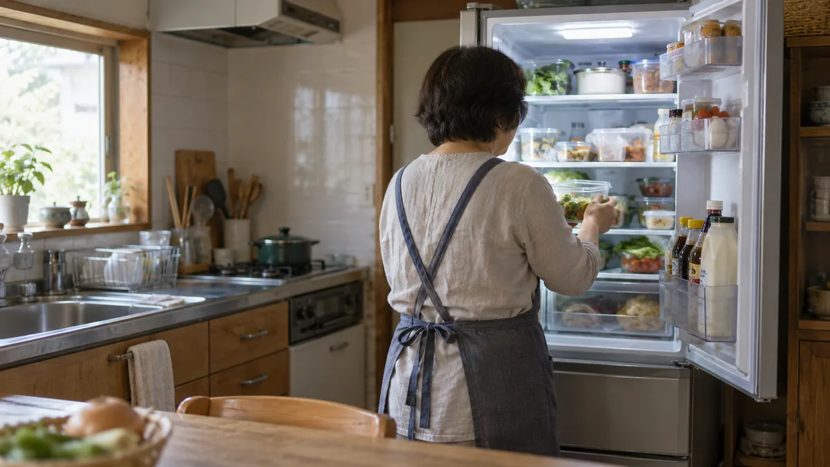 実家の台所で、冷蔵庫の中を確かめる50代の人物の後ろ姿と手元