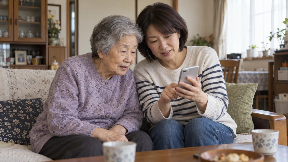 実家のリビングで、70代の母親と50代の娘が並んでスマホの画面を一緒に見ている