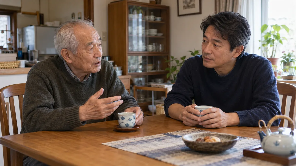 ダイニングで、70代の父親と50代の息子がお茶を飲みながら穏やかに話している