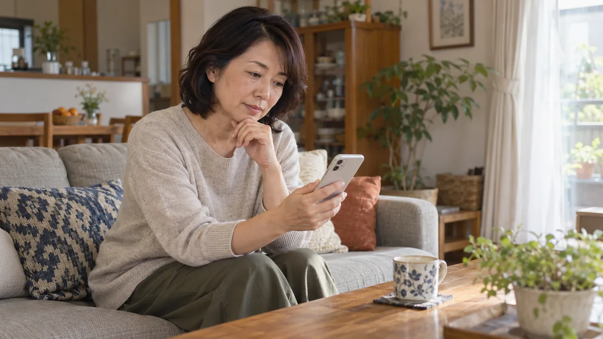 自宅のリビングで、スマホの画面を見ながら少し考えている50代の女性