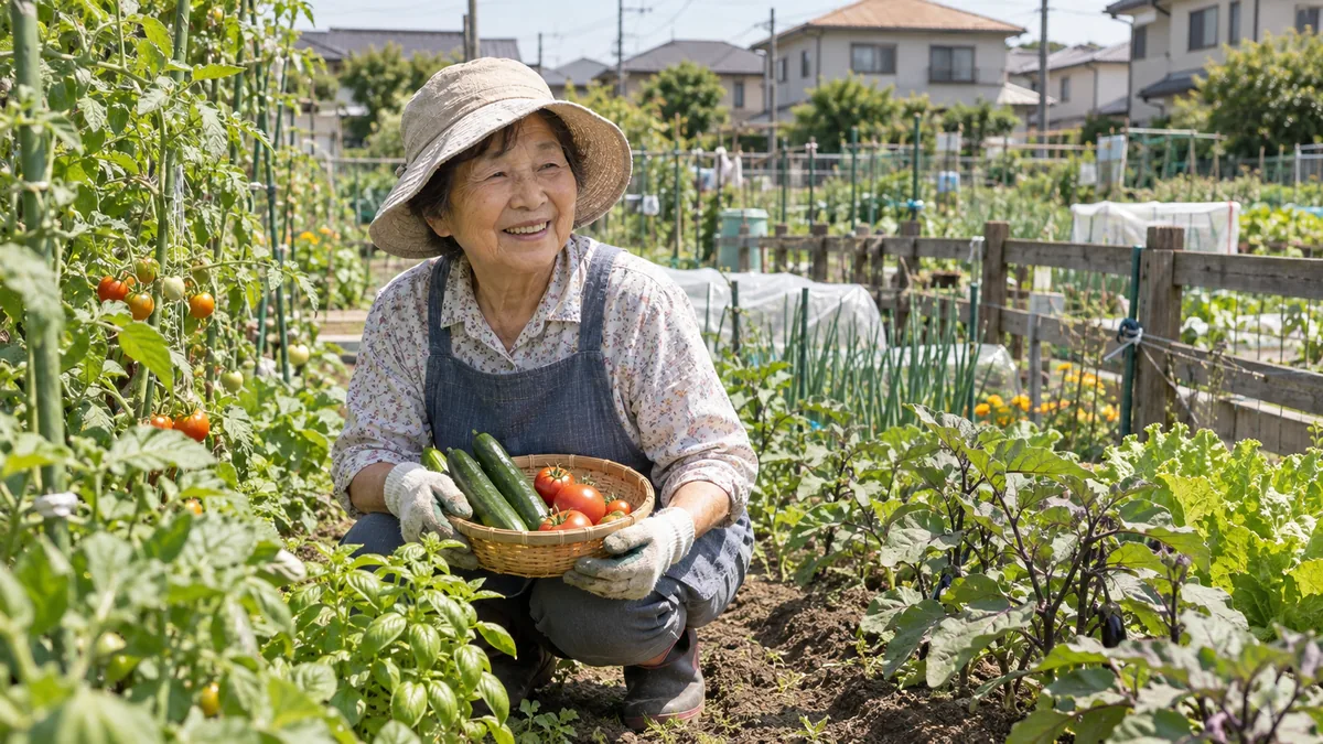 晴れた日の市民農園で、育てた野菜を収穫して笑顔を見せる70代の女性