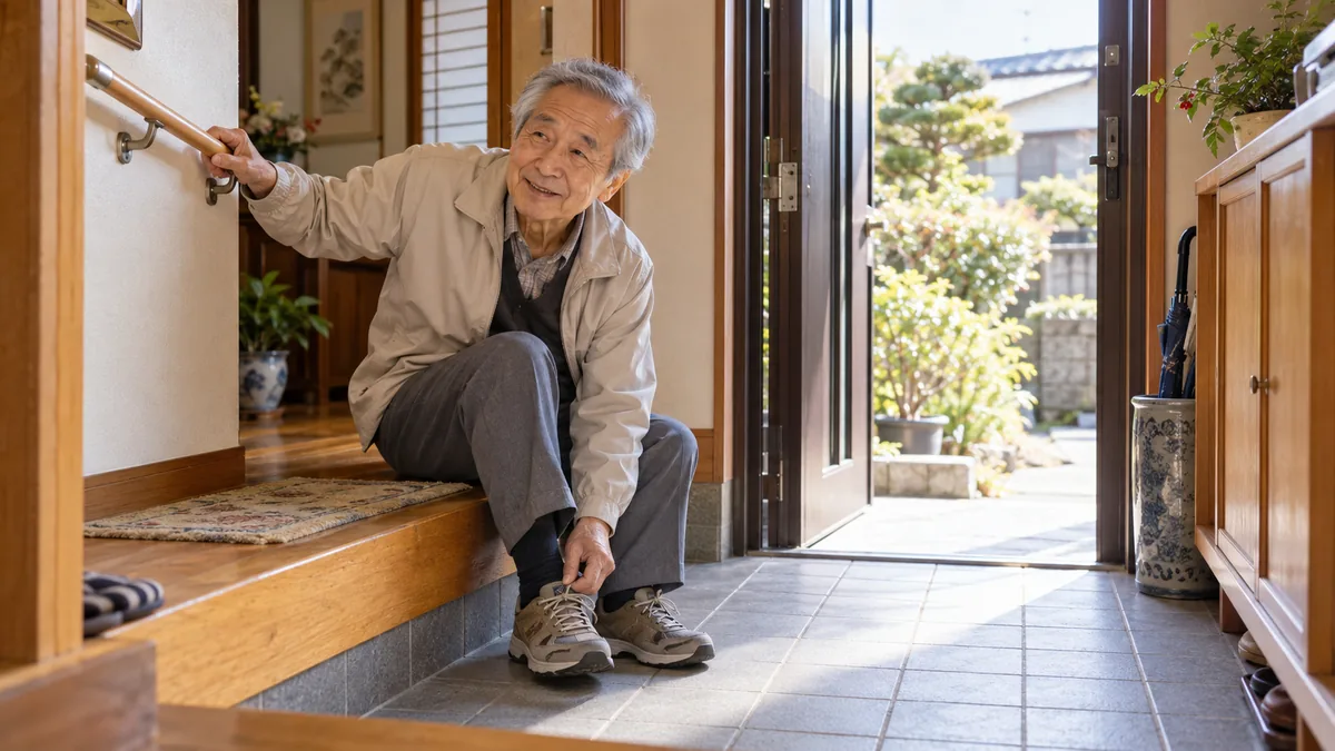 自宅の玄関先で、手すりにつかまりながら靴を履く70代の男性