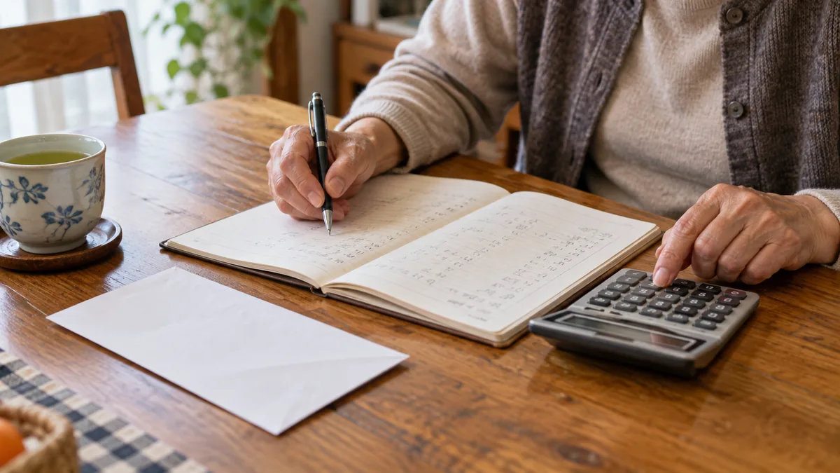 食卓で家計簿と封筒を広げ、電卓で確かめている60代の人物の手元