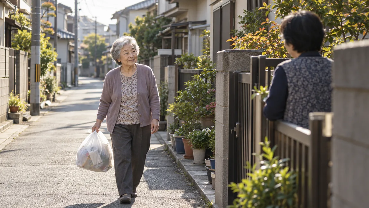 朝の住宅街で、ゴミ出しに向かう途中に近所の人と顔を合わせる70代の女性