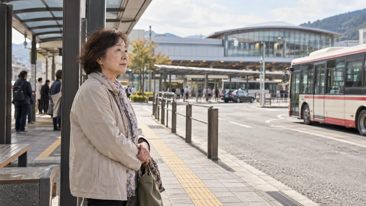 地方都市の駅前のバス停で、バスを待つ60代の女性