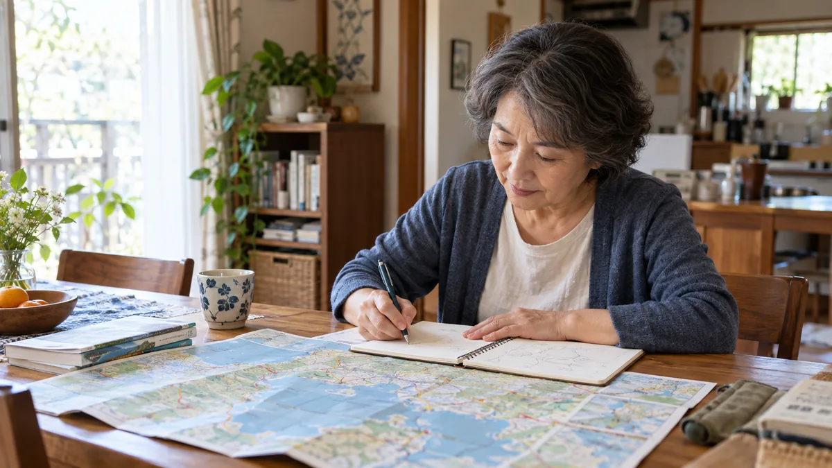 自宅のテーブルで、移住先の地図とノートを広げて書き込む60代の女性