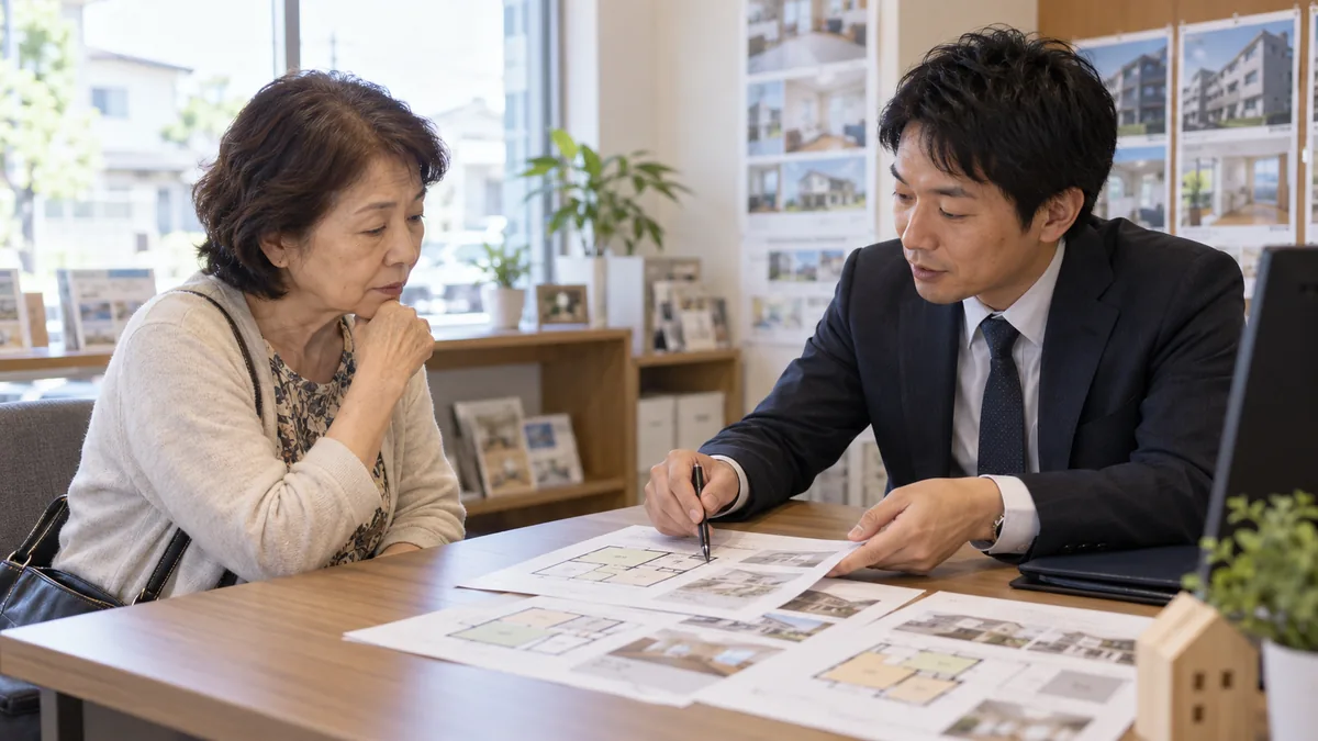 移住先の不動産会社で、担当者から賃貸物件の説明を受ける60代の女性