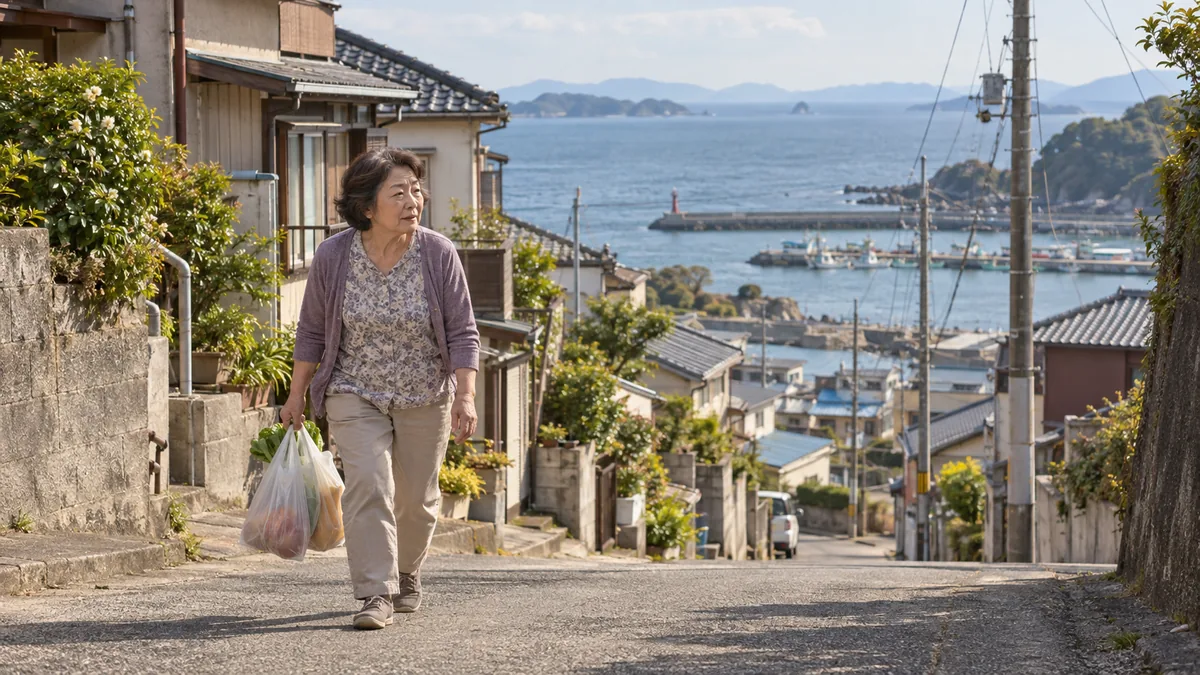 海の見える町の坂道を、買い物袋を手にひとりで歩く60代の女性