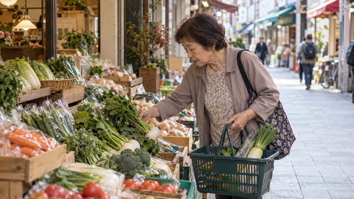 地方都市の商店街で、八百屋の店先の野菜を選ぶ60代の女性