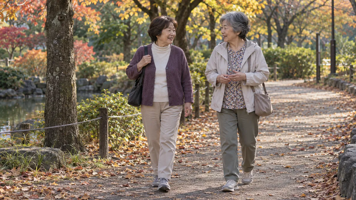 公園の遊歩道で、同年代の女性の友人と並んで笑顔で話しながら歩く60代女性