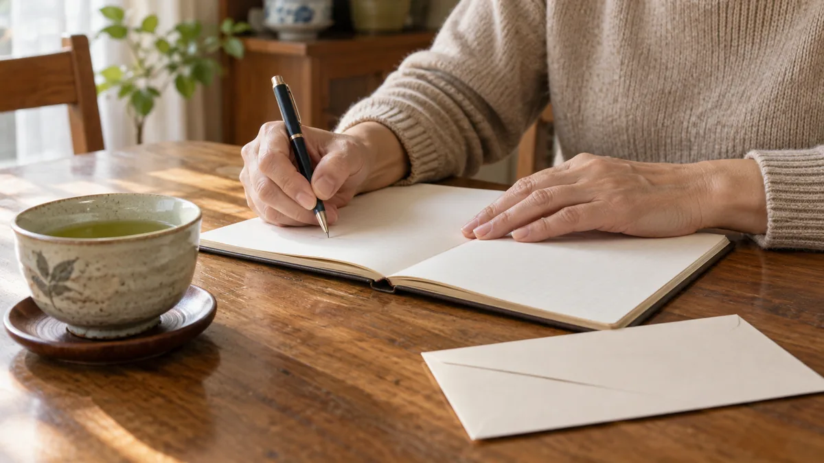 自宅のテーブルで、封筒とノートを前に、お茶を飲みながら落ち着いて見通しを書き出す女性の手元