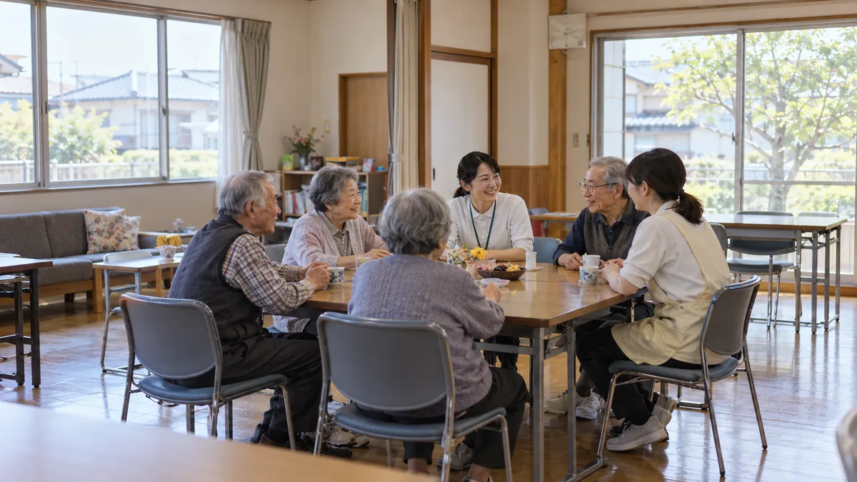 地域の集会所で、高齢の参加者と支援者が机を囲んで話し合う様子