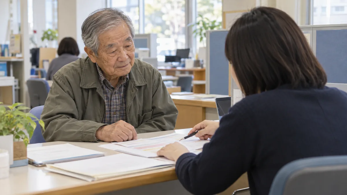 地域の相談窓口のカウンターで、職員と一緒に書類を見ながら話す70代の男性