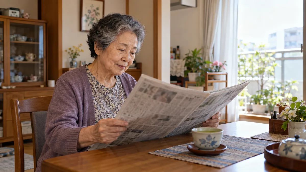日中の自宅のダイニングで、ひとりでお茶を飲みながら新聞を読む70代の女性