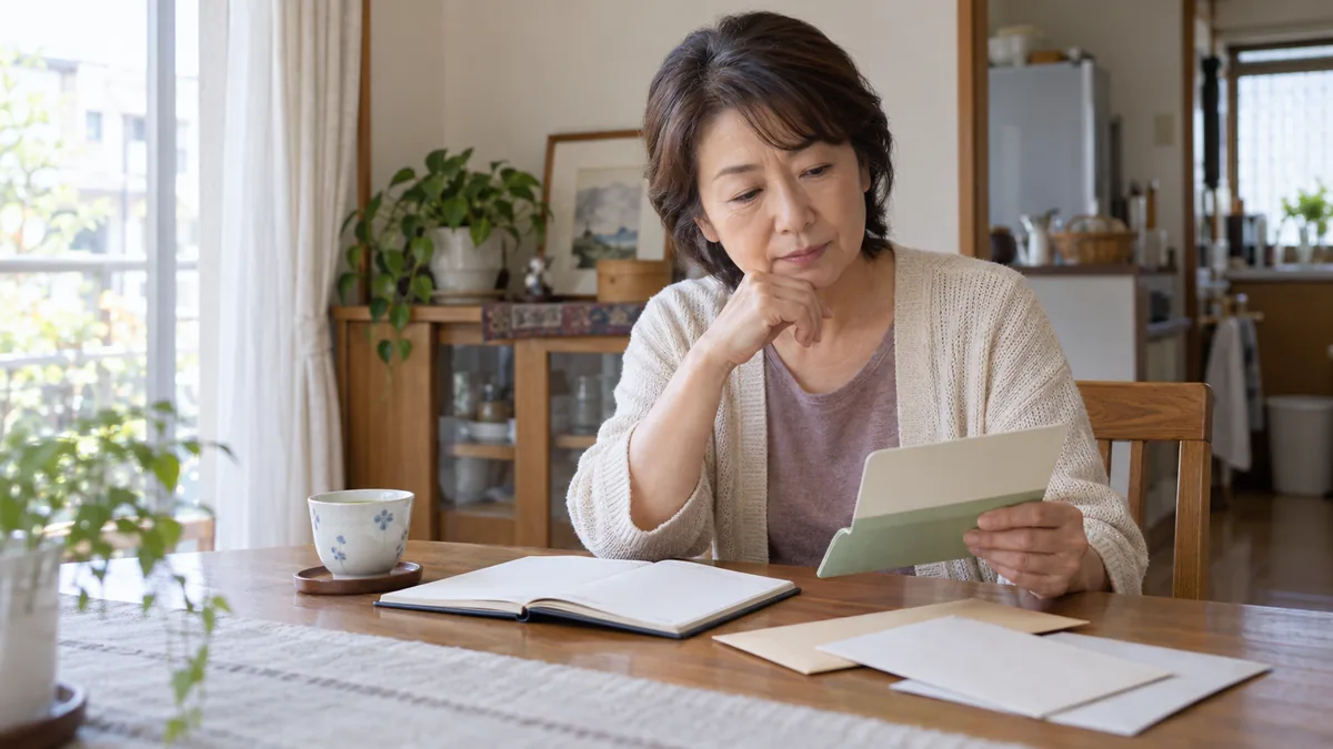 自宅のダイニングで、書類と通帳を前に考えごとをする50代の女性