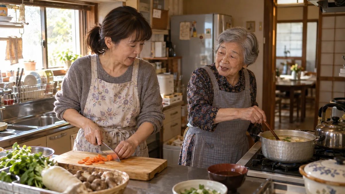 実家の台所で、70代の母と50代の娘が並んで夕食の支度をする様子