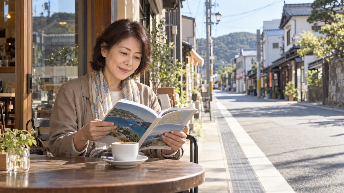 日中のカフェのテラス席で、旅行のガイドブックを開いて計画を立てる50代の女性