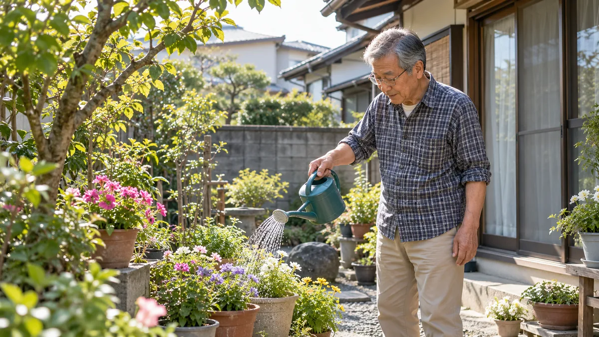晴れた日の自宅の庭で、鉢植えの花に水をやる60代の男性