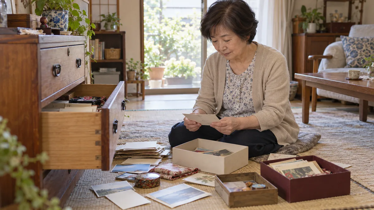 明るいリビングで、引き出しから出した古い手紙や小物を仕分ける60代の女性