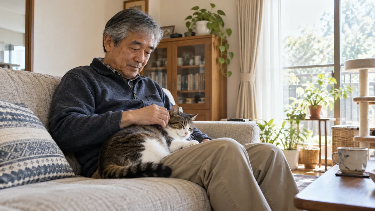 日中のリビングで、ひざの上の猫をなでながらくつろぐ60代の男性