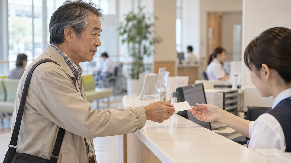 明るい病院の受付カウンターで、診察券を差し出す60代の男性の横顔と手元