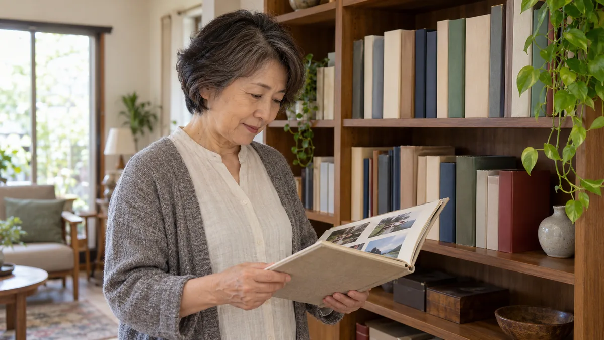 日中の自宅の本棚の前で、アルバムを手に取って眺める60代の女性