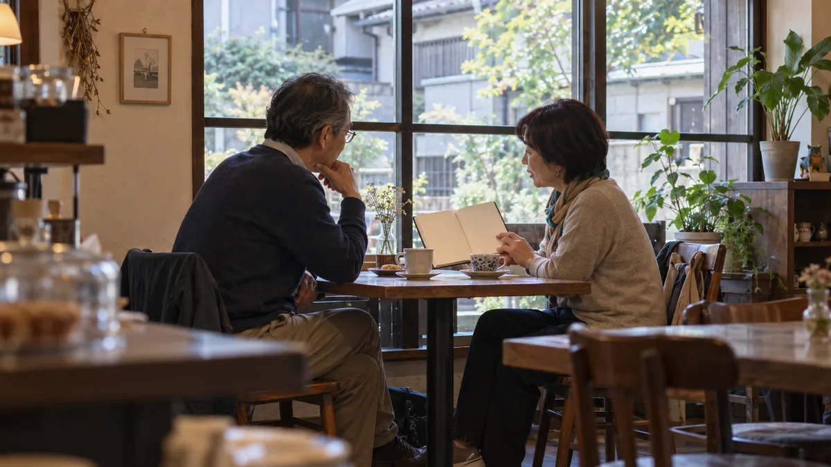 カフェで向かい合う50〜60代の2人。一方がノートを見せながら話している様子を横から